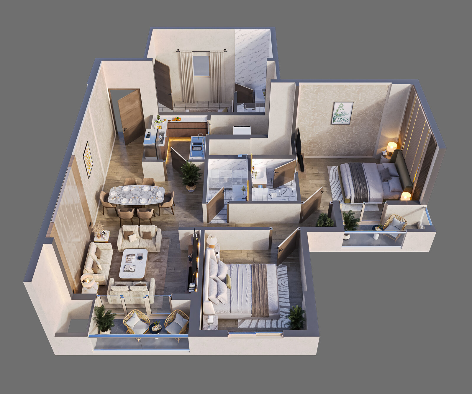 Isometric plan of the 3 BHK residence