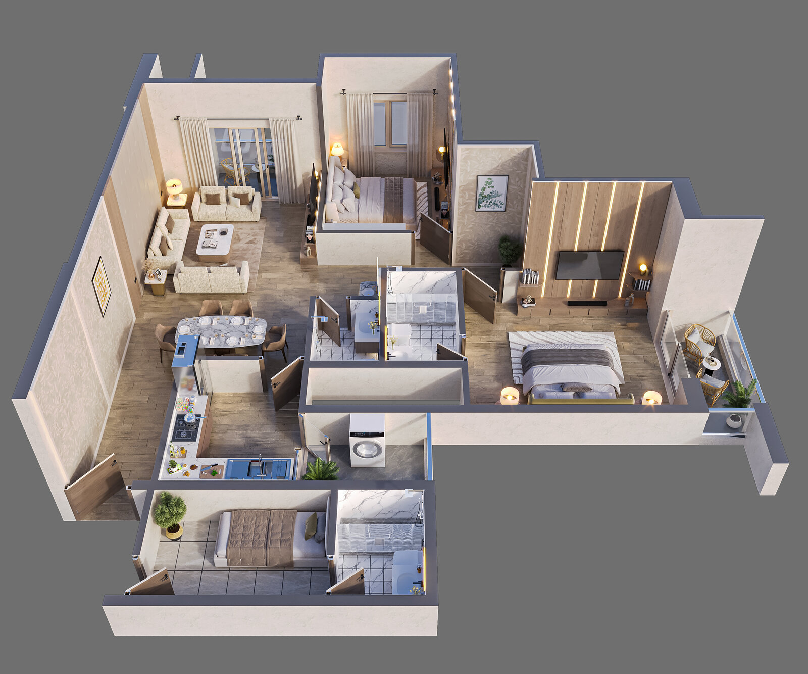 Isometric plan of the 2 BHK residence