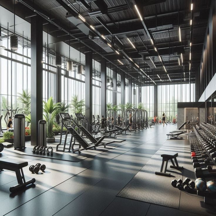 Fully-equipped gymnasium with floor-to-ceiling glass