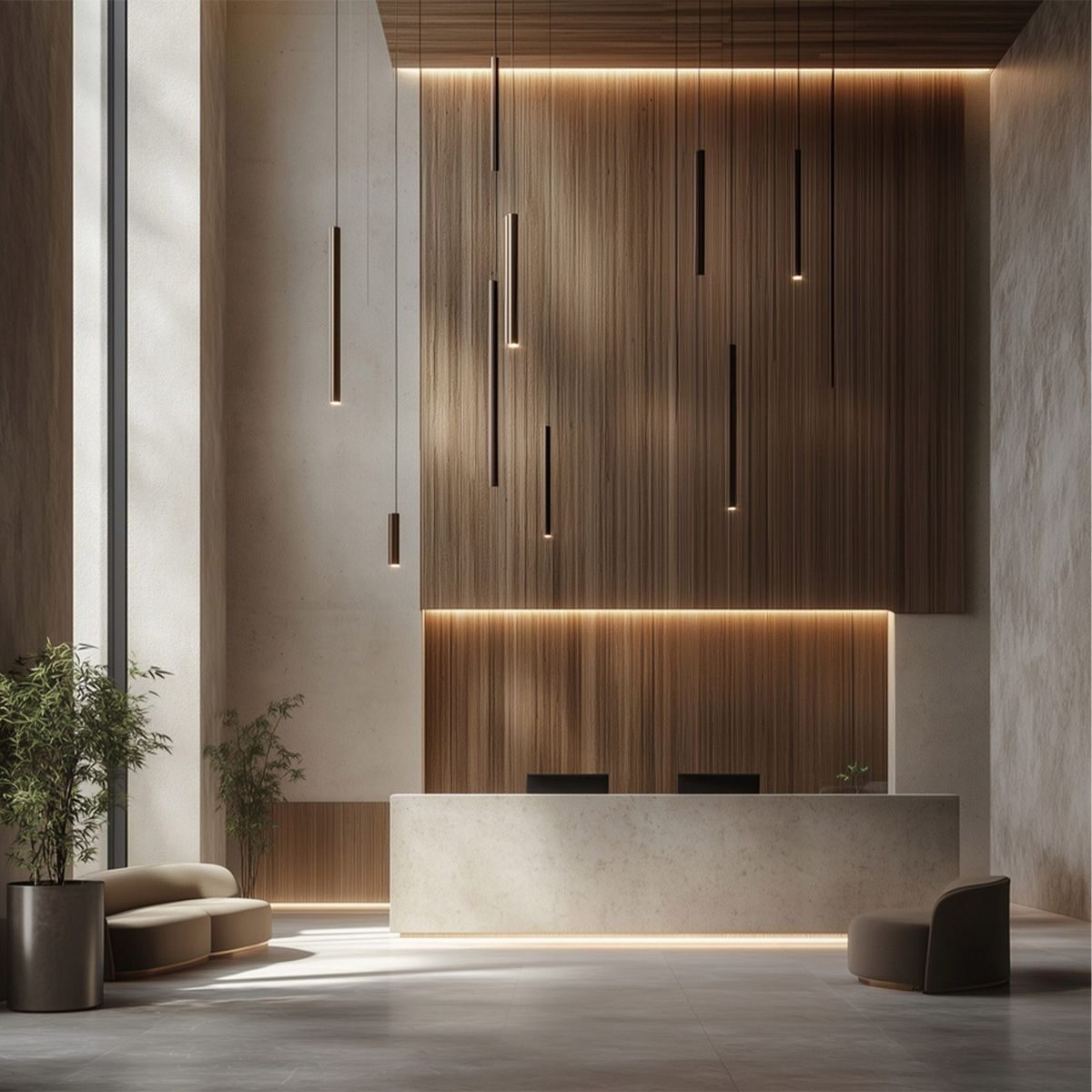 Warm-wood hotel-inspired reception lobby at Vumee Amrapalli